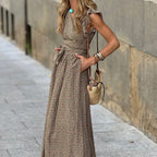 Women’s Floral A-Line Dress – Elegant Brown Mid-Waist Polyester Dress for Office & Casual Wear
