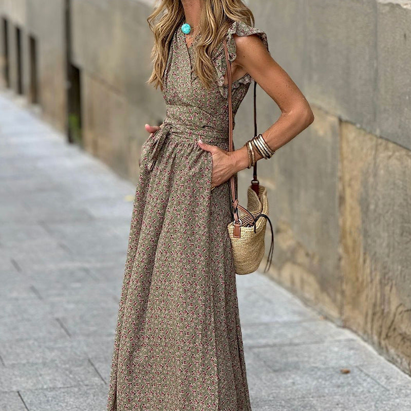 Women’s Floral A-Line Dress – Elegant Brown Mid-Waist Polyester Dress for Office & Casual Wear