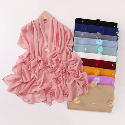 Pearl Chiffon Handmade Sticky Flower Beaded Scarf Hui Gauze