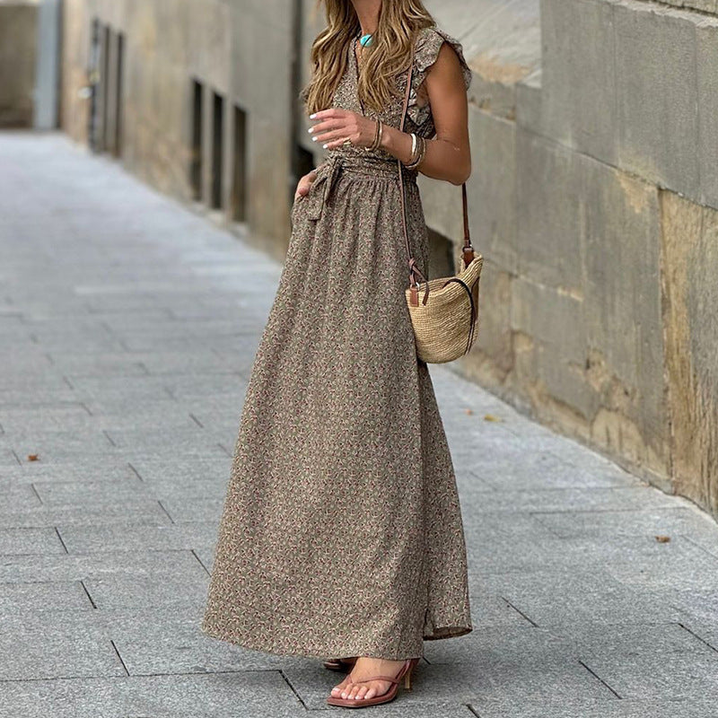 Women’s Floral A-Line Dress – Elegant Brown Mid-Waist Polyester Dress for Office & Casual Wear