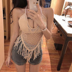 Tassel Lace-Up Slim Fit Suspender Top for Women – Solid Color, Polyester, Free Size