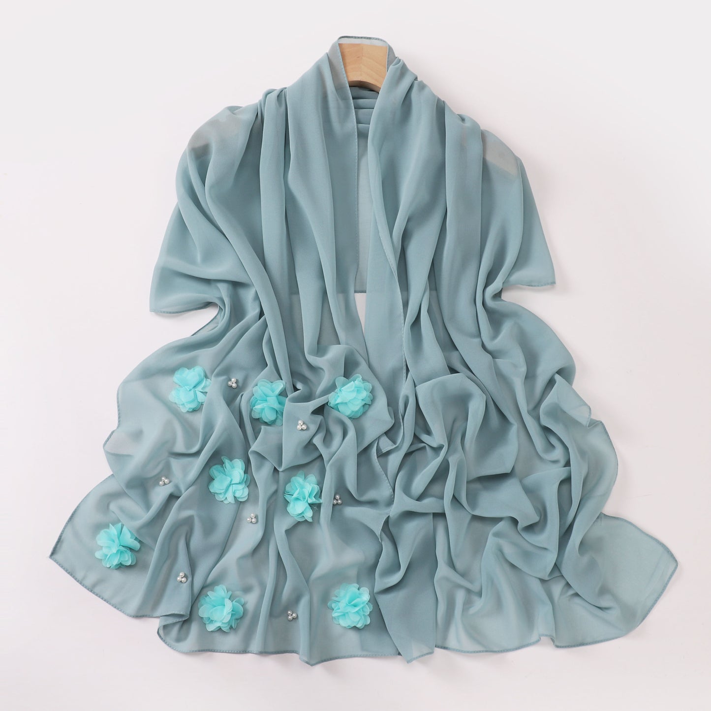 Pearl Chiffon Handmade Sticky Flower Beaded Scarf Hui Gauze