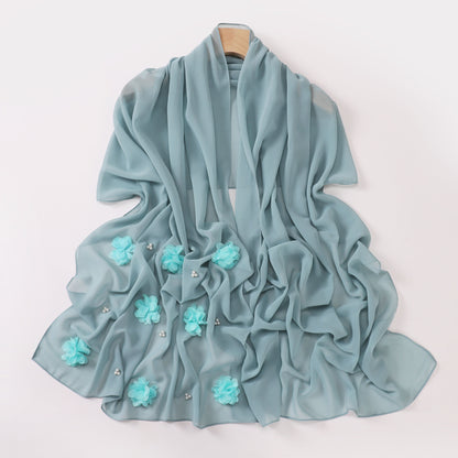 Pearl Chiffon Handmade Sticky Flower Beaded Scarf Hui Gauze
