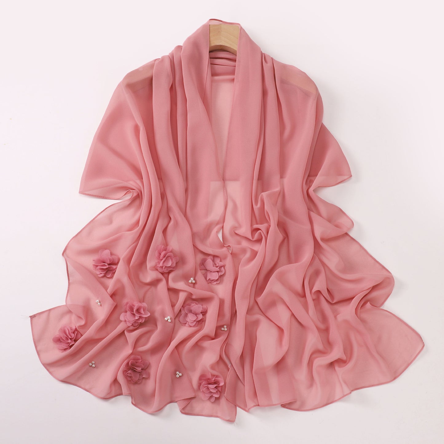 Pearl Chiffon Handmade Sticky Flower Beaded Scarf Hui Gauze