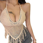 Tassel Lace-Up Slim Fit Suspender Top for Women – Solid Color, Polyester, Free Size