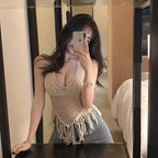 Tassel Lace-Up Slim Fit Suspender Top for Women – Solid Color, Polyester, Free Size