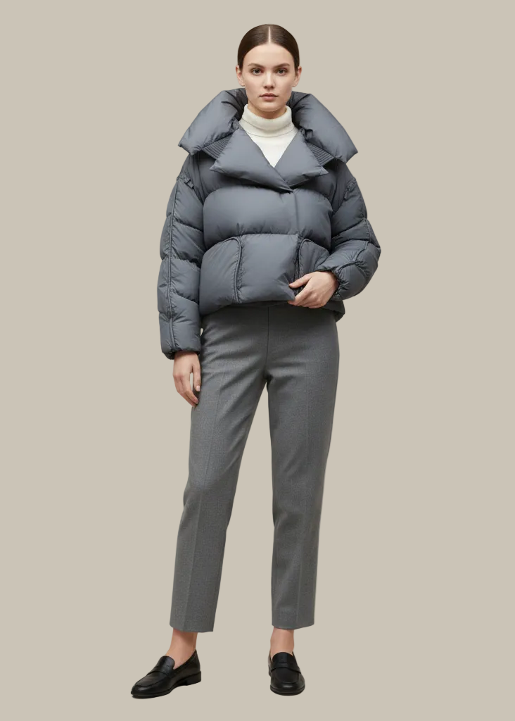 Person wearing a gray puffer jacket and pants on a beige background
