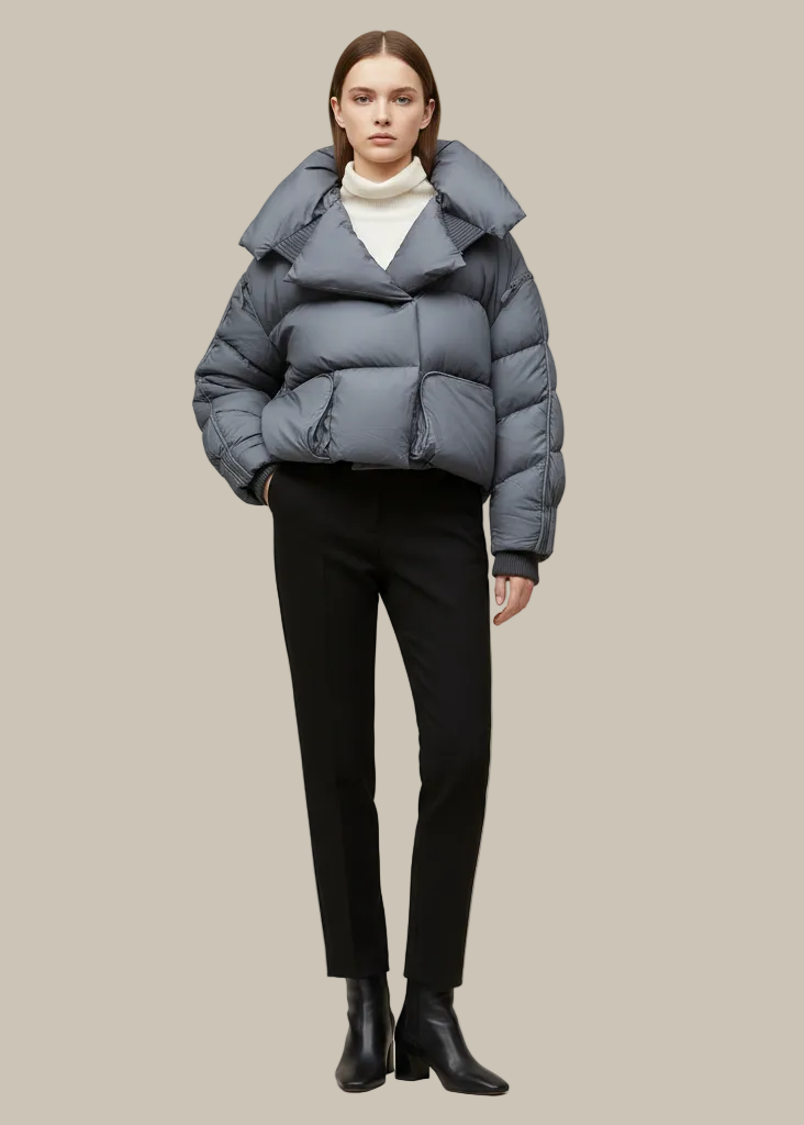 Person wearing a blue puffer jacket on a beige background