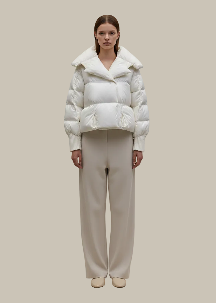 Person wearing a white puffer jacket and beige pants on a plain background