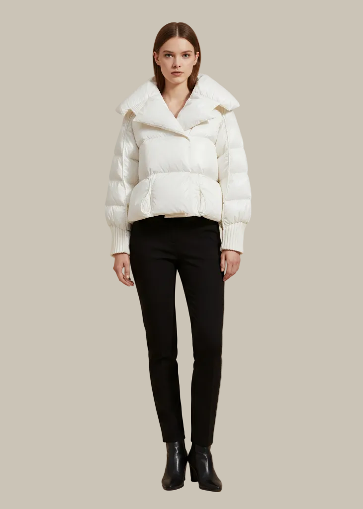 Woman wearing a white puffer jacket on a beige background