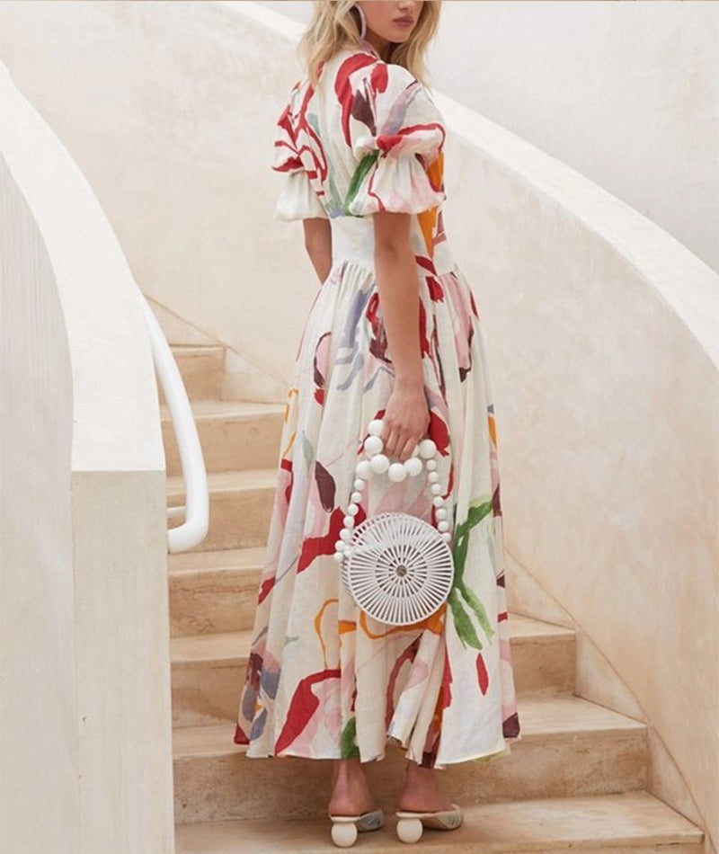 Women’s Printed V-Neck Button Maxi Dress