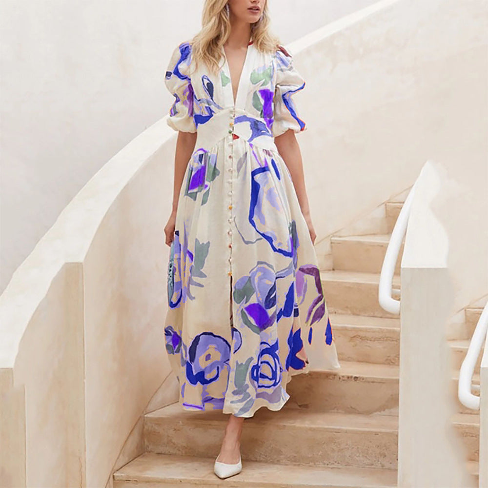 Women’s Printed V-Neck Button Maxi Dress