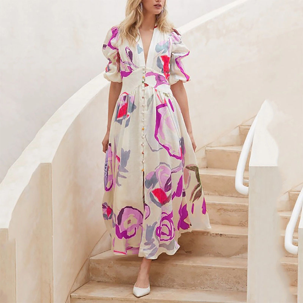Women’s Printed V-Neck Button Maxi Dress