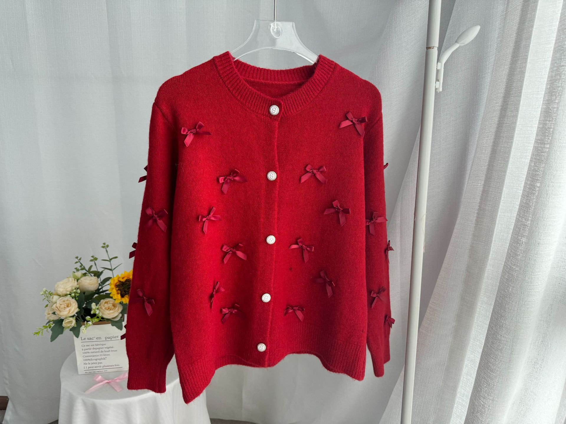 Women’s Bow Knit Cardigan – Korean Casual Loose Fit Acrylic Sweater for Everyday Wear