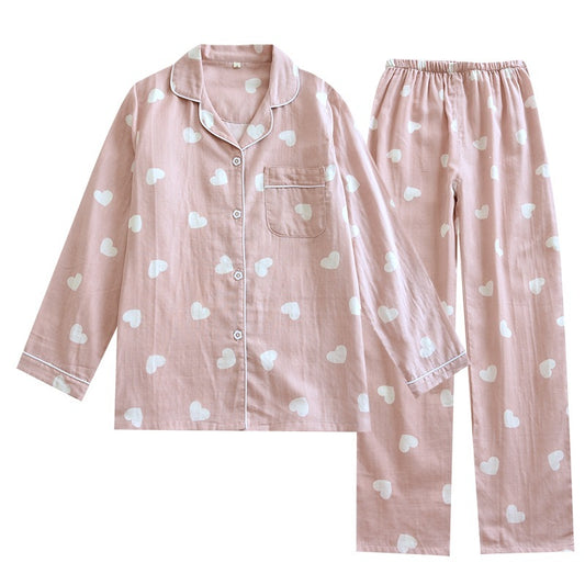 Women’s Cotton Pajama Set – Cute Love Heart Gauze Long Sleeve Top & Pants Sleepwear