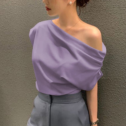 Women’s Solid Color Socialite Pullover Top – Chic Polyester Blend Blouse