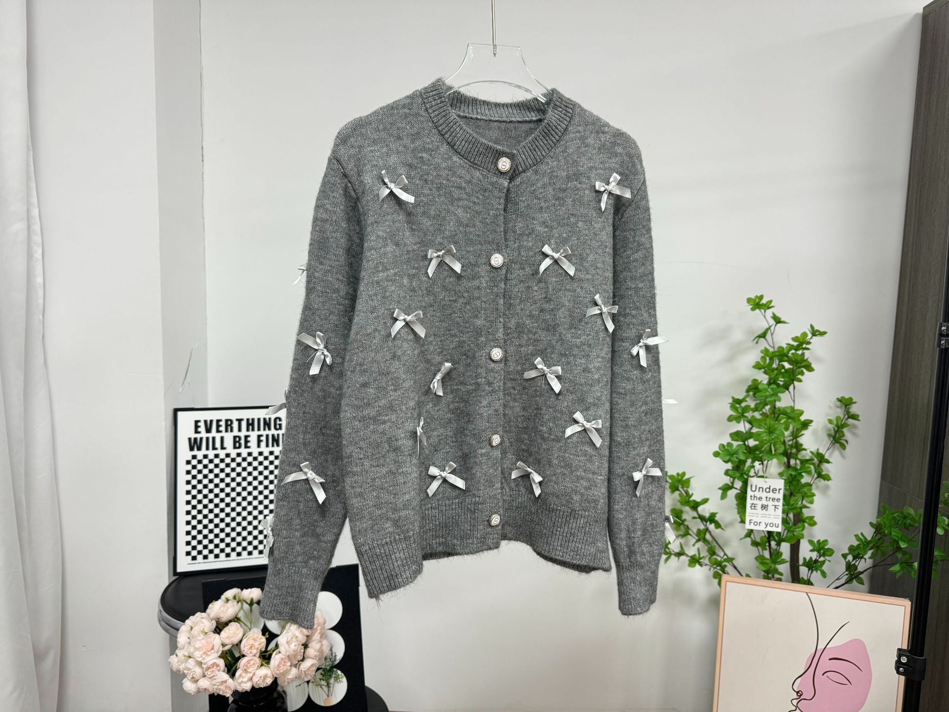 Women’s Bow Knit Cardigan – Korean Casual Loose Fit Acrylic Sweater for Everyday Wear