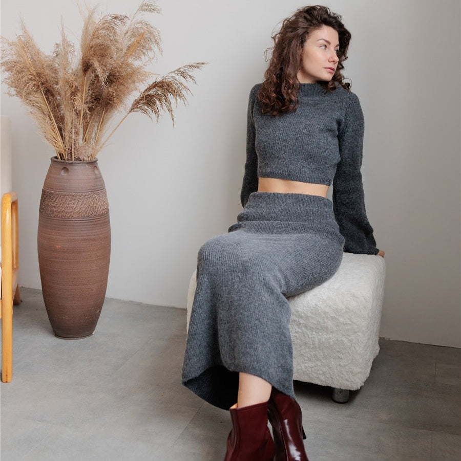 Women’s Solid Color Long Sleeve Sweater & Skirt Set – Acrylic Korean Casual Two-Piece Outfi
