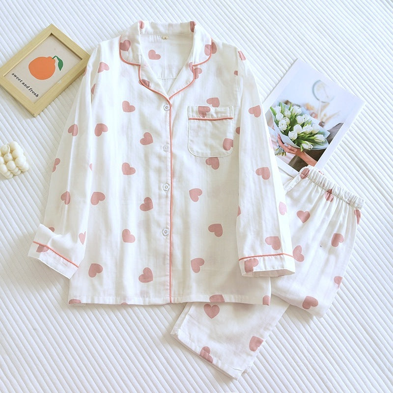 Women’s Cotton Pajama Set – Cute Love Heart Gauze Long Sleeve Top & Pants Sleepwear