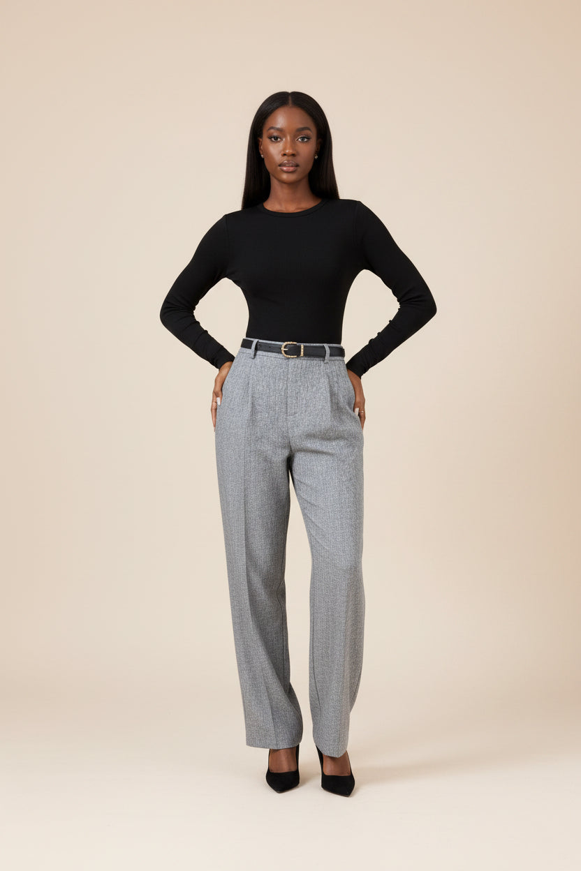 Womens New Style Fashionable Commuter Casual Elegant Gray High-Waist Straight-Leg Pants