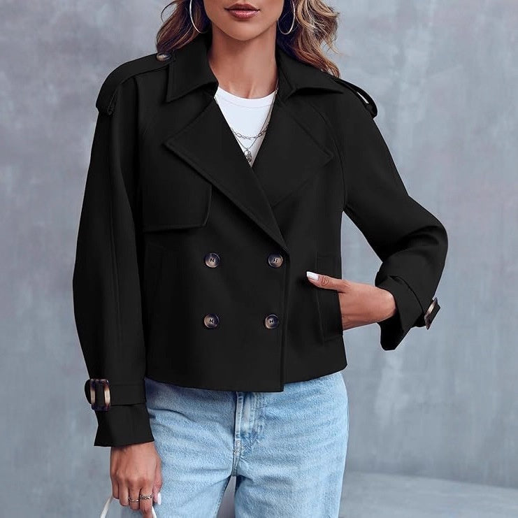 Women’s Double-Breasted Long Sleeve Coat – Elegant Polyester Blazer for Office & Casual Wear