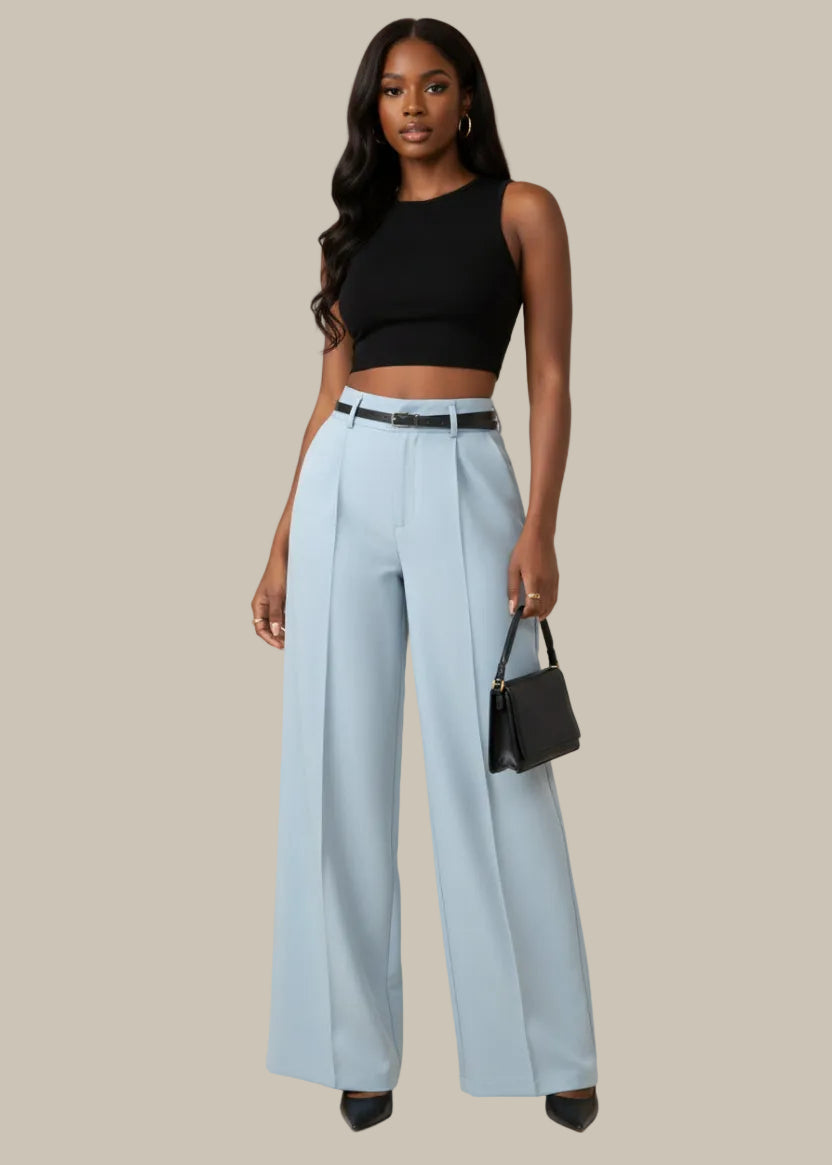 Light blue wide-leg pants worn by a person on a neutral background