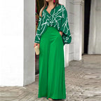 Women’s Solid Color Long Sleeve Polyester Pantsuit – Elegant Two-Piece Trousers Set