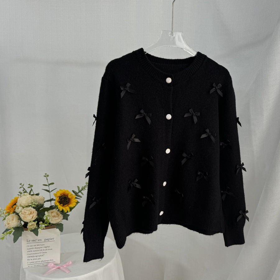 Women’s Bow Knit Cardigan – Korean Casual Loose Fit Acrylic Sweater for Everyday Wear