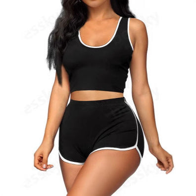 Women’s Color-Matching Sleeveless Top & Shorts Set – Casual Japanese & Korean Style