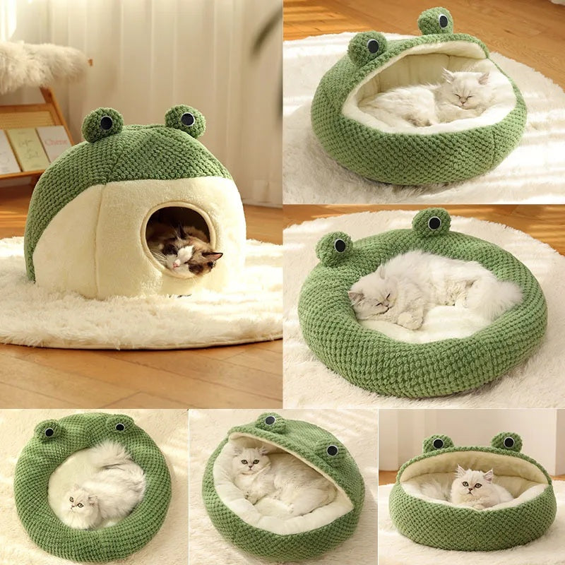 Cute Cartoon Frog Shape Pet Bed for Dogs and Cats - Soft Plush Cozy Sofa with Non-Slip Bottom
