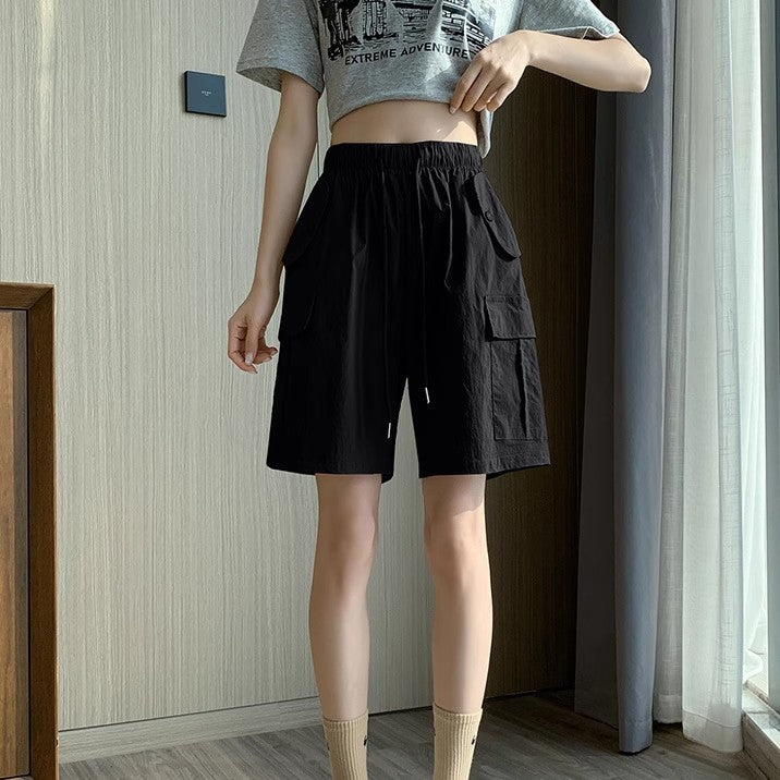 Women’s Street Fashion Elastic Waist Pocket Pants – Thin Polyester Fifth Pants