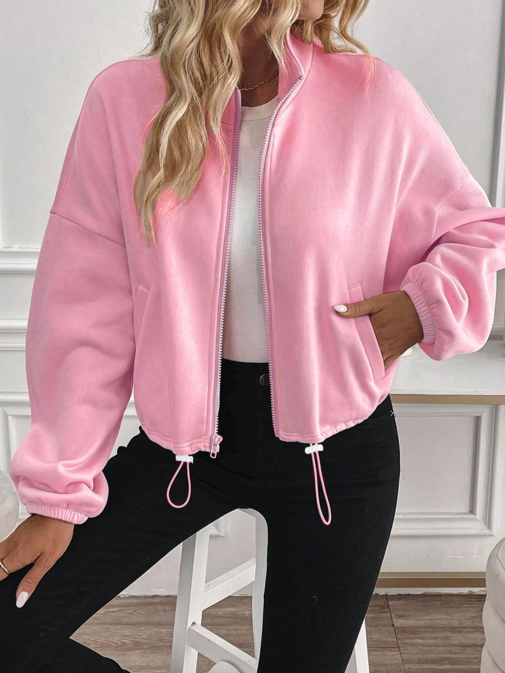 Women’s Plus Size Pink Cardigan – Long Sleeve Polyester Knit Sweater for Everyday Casual Wear