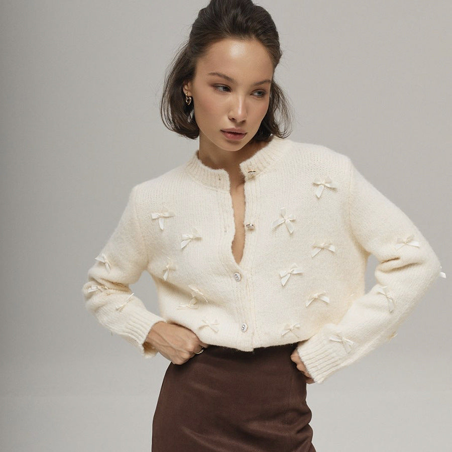 Women’s Bow Knit Cardigan – Korean Casual Loose Fit Acrylic Sweater for Everyday Wear
