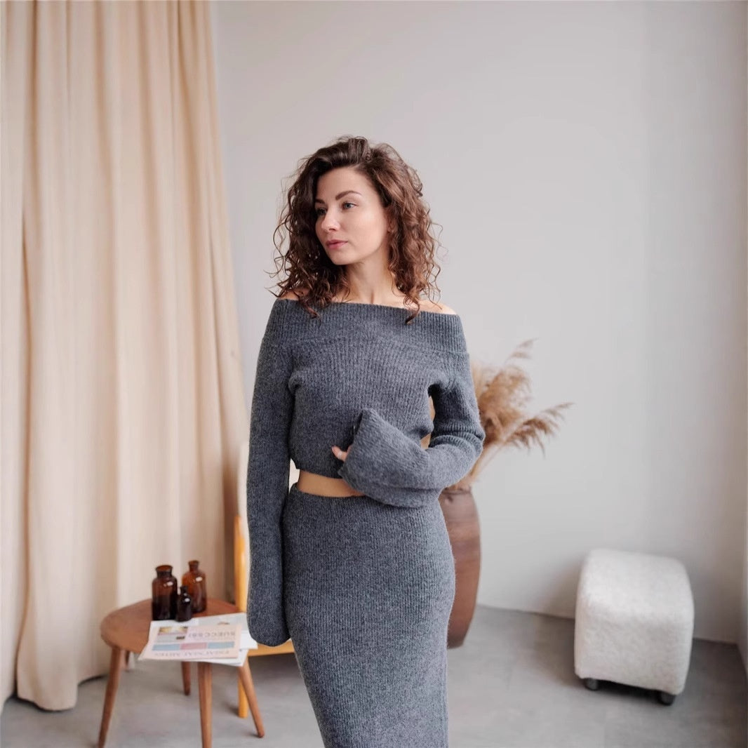 Women’s Solid Color Long Sleeve Sweater & Skirt Set – Acrylic Korean Casual Two-Piece Outfi