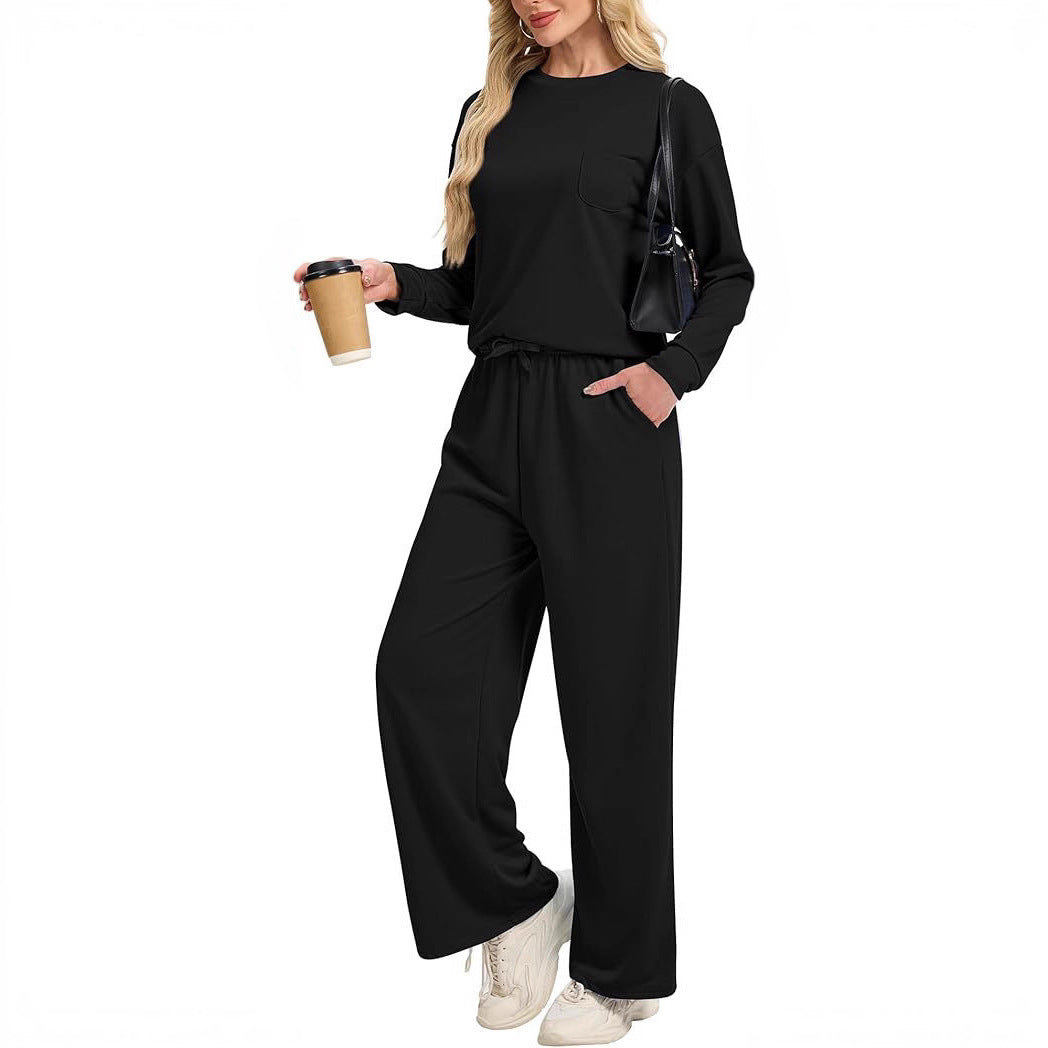 Women’s Korean Casual Two-Piece Co-ord Set – Drawstring Top & Full-Length Trousers