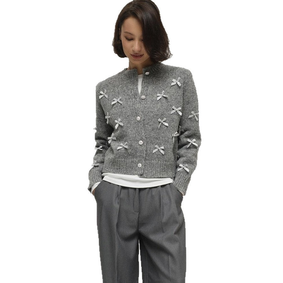 Women’s Bow Knit Cardigan – Korean Casual Loose Fit Acrylic Sweater for Everyday Wear