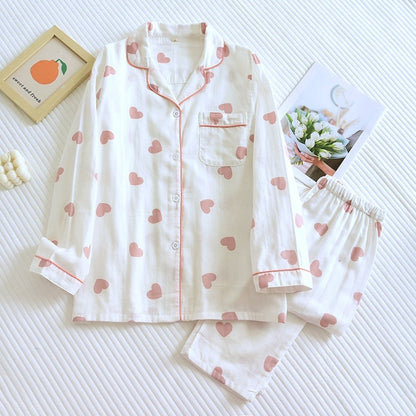 Women’s Cotton Pajama Set – Cute Love Heart Gauze Long Sleeve Top & Pants Sleepwear