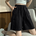 Women’s Street Fashion Elastic Waist Pocket Pants – Thin Polyester Fifth Pants