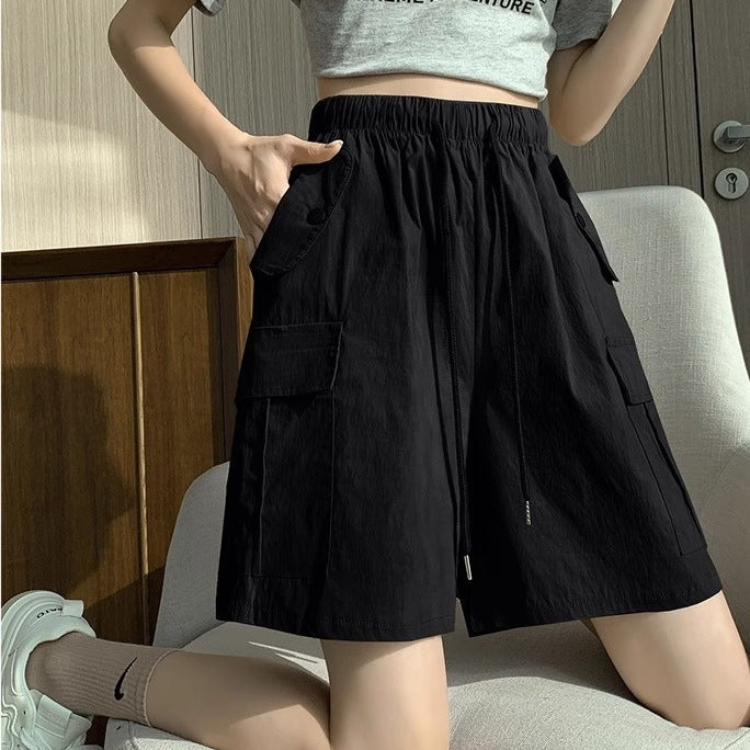 Women’s Street Fashion Elastic Waist Pocket Pants – Thin Polyester Fifth Pants