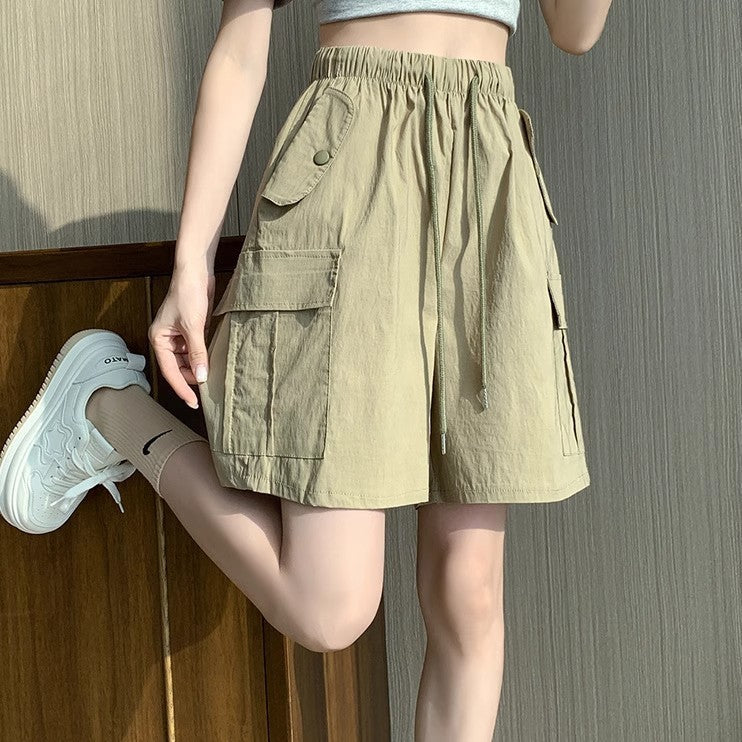 Women’s Street Fashion Elastic Waist Pocket Pants – Thin Polyester Fifth Pants